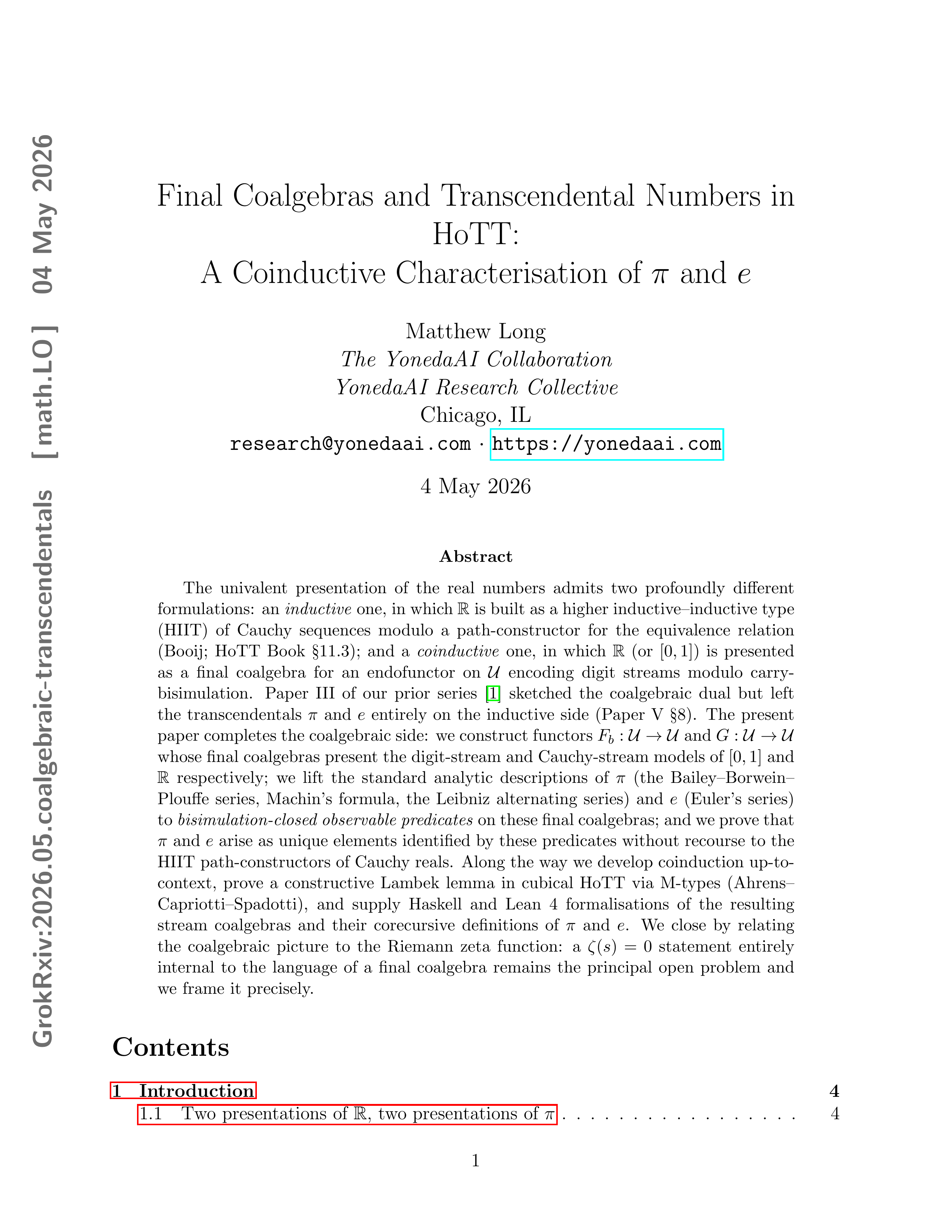 Cover for Final Coalgebras and Transcendental Numbers in HoTT: A Coinductive Characterisation of \pi and e