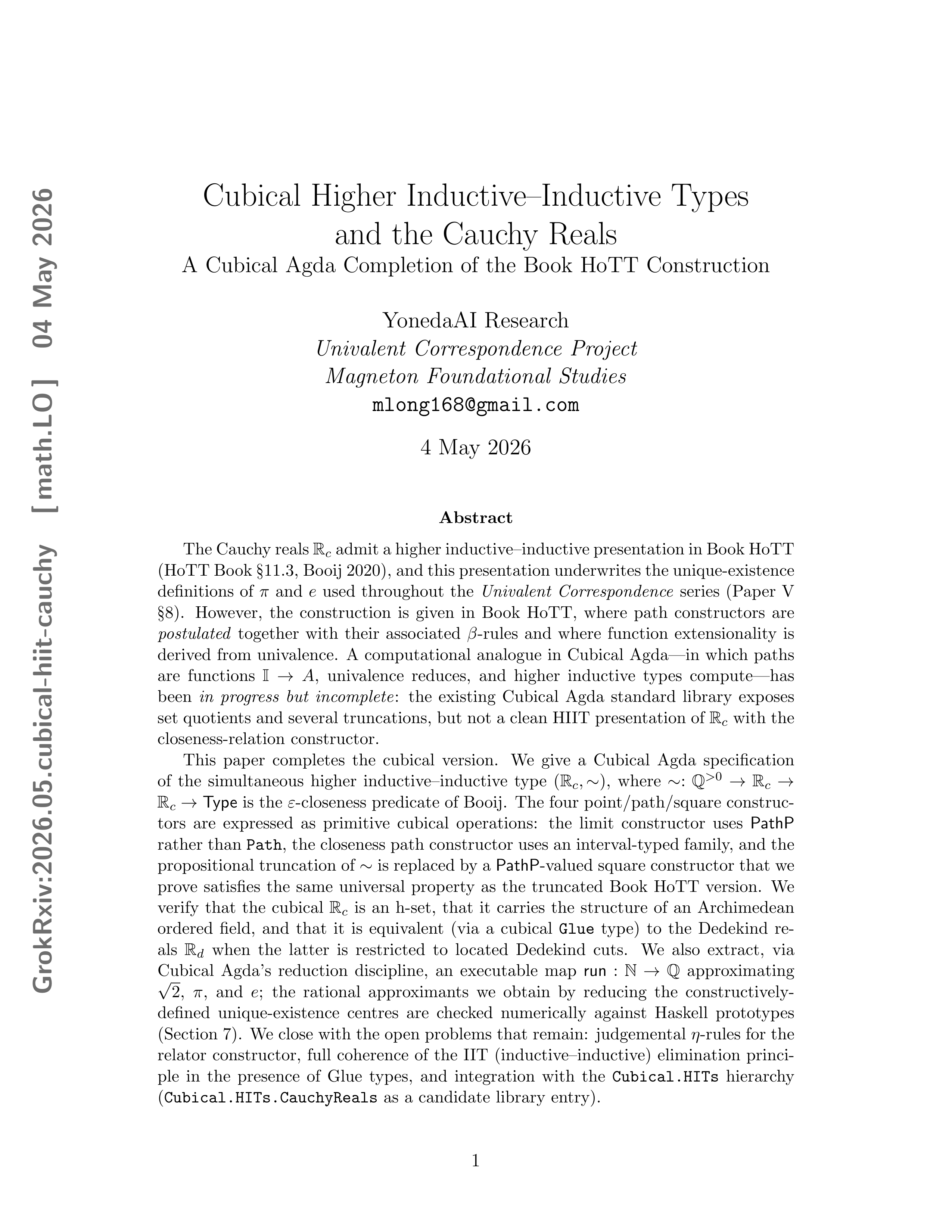 Cover for Cubical Higher Inductive--Inductive Types and the Cauchy Reals A Cubical Agda Completion of the Book HoTT Construction