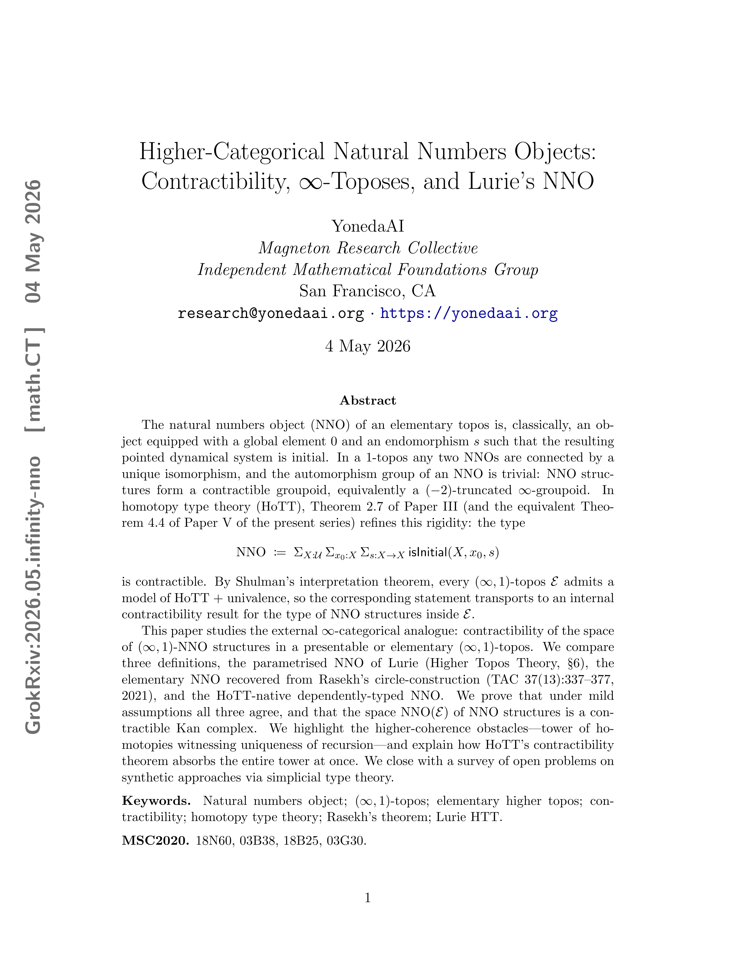 Cover for Higher-Categorical Natural Numbers Objects: Contractibility, \infty-Toposes, and Lurie's NNO