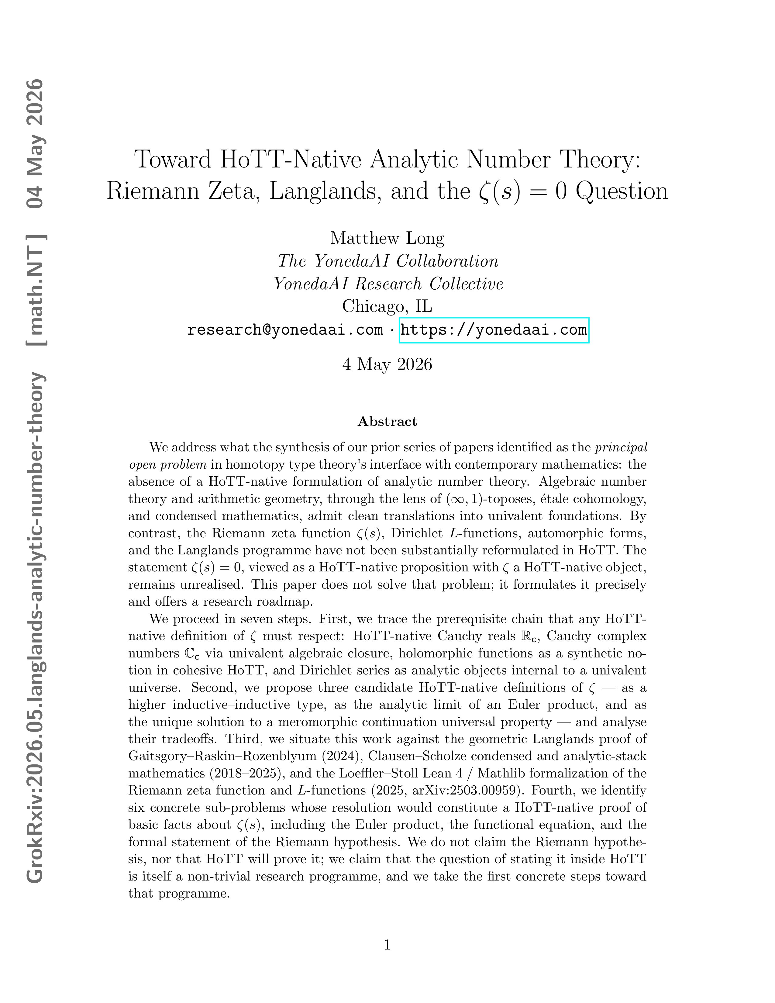 Cover for Toward HoTT-Native Analytic Number Theory: Riemann Zeta, Langlands, and the \zeta(s)=0 Question