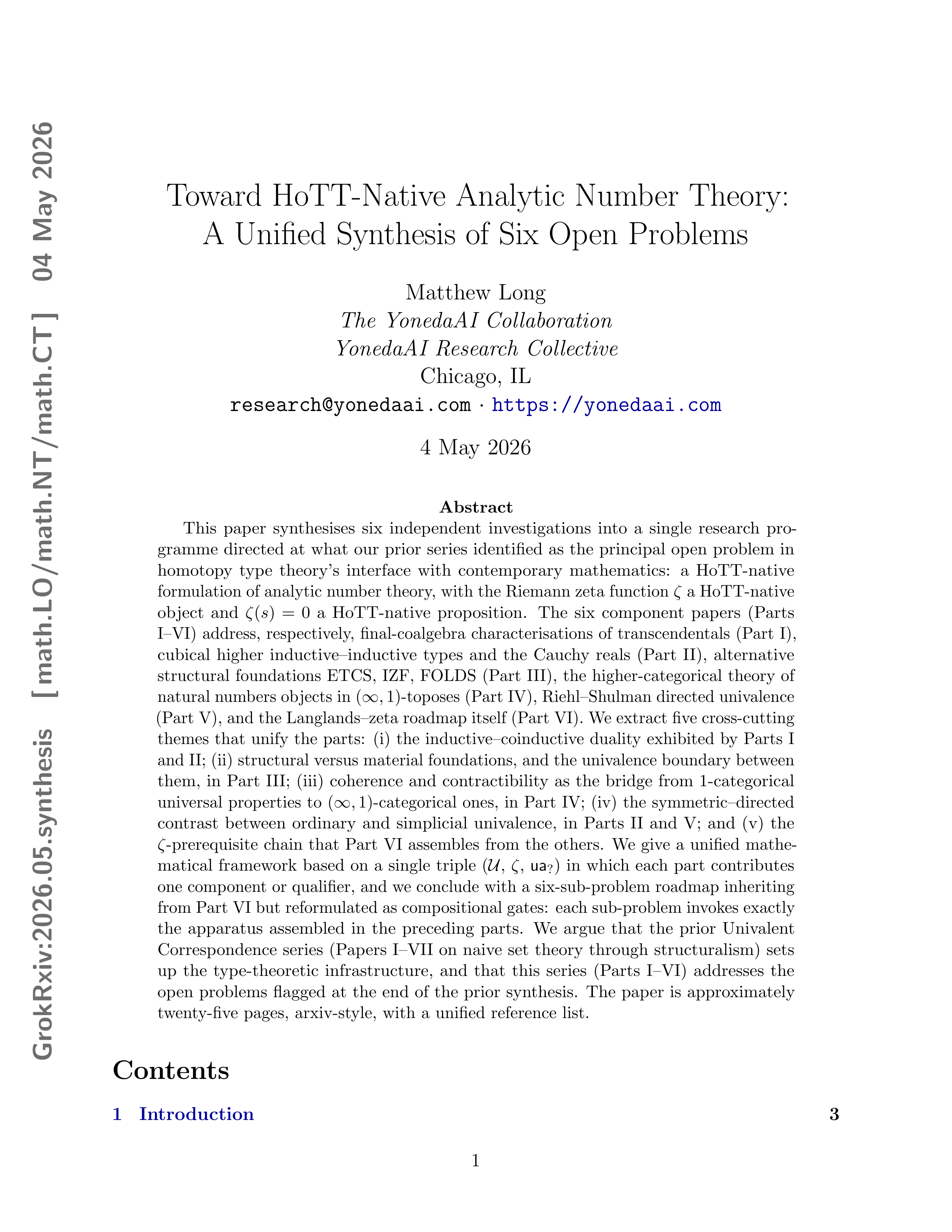 Cover for Toward HoTT-Native Analytic Number Theory: A Unified Synthesis of Six Open Problems